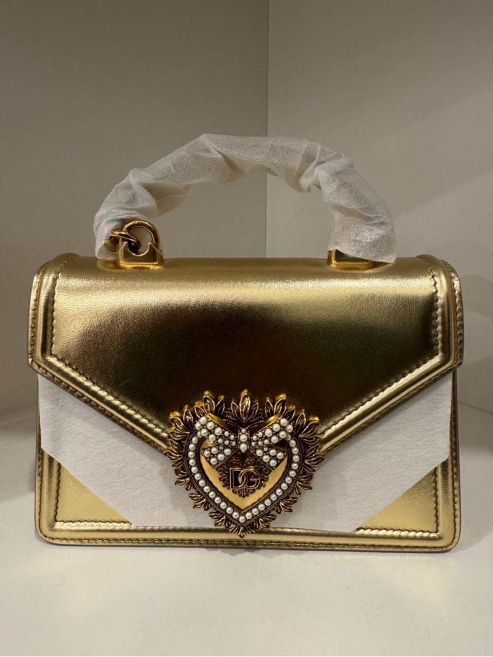 Dolce & Gabbana Metallic Gold Heart Crest Top Handle Satchel - Picture 1 of 7